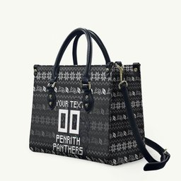 Personalized Penrith Panthers Christmas Leather Bag Australian Rugby Fans - Pixelated Ugly Xmas Pattern Mascot Santa