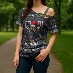 Personalized Penrith Panthers Christmas Cross Shoulder Shirt Australian Rugby Fans - Pixelated Ugly Xmas Pattern Mascot Santa