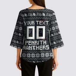 Personalized Penrith Panthers Christmas Kimono Sleeve Blouse Australian Rugby Fans - Pixelated Ugly Xmas Pattern Mascot Santa
