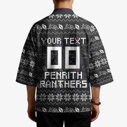 Personalized Penrith Panthers Christmas Kimono Australian Rugby Fans - Pixelated Ugly Xmas Pattern Mascot Santa