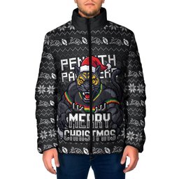 Personalized Penrith Panthers Christmas Padded Jacket Australian Rugby Fans - Pixelated Ugly Xmas Pattern Mascot Santa