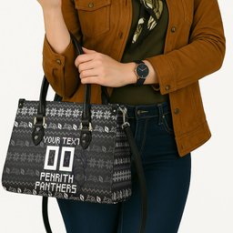Personalized Penrith Panthers Christmas Leather Bag Australian Rugby Fans - Pixelated Ugly Xmas Pattern Mascot Santa