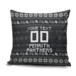 Personalized Penrith Panthers Christmas Pillow Cover Australian Rugby Fans - Pixelated Ugly Xmas Pattern Mascot Santa