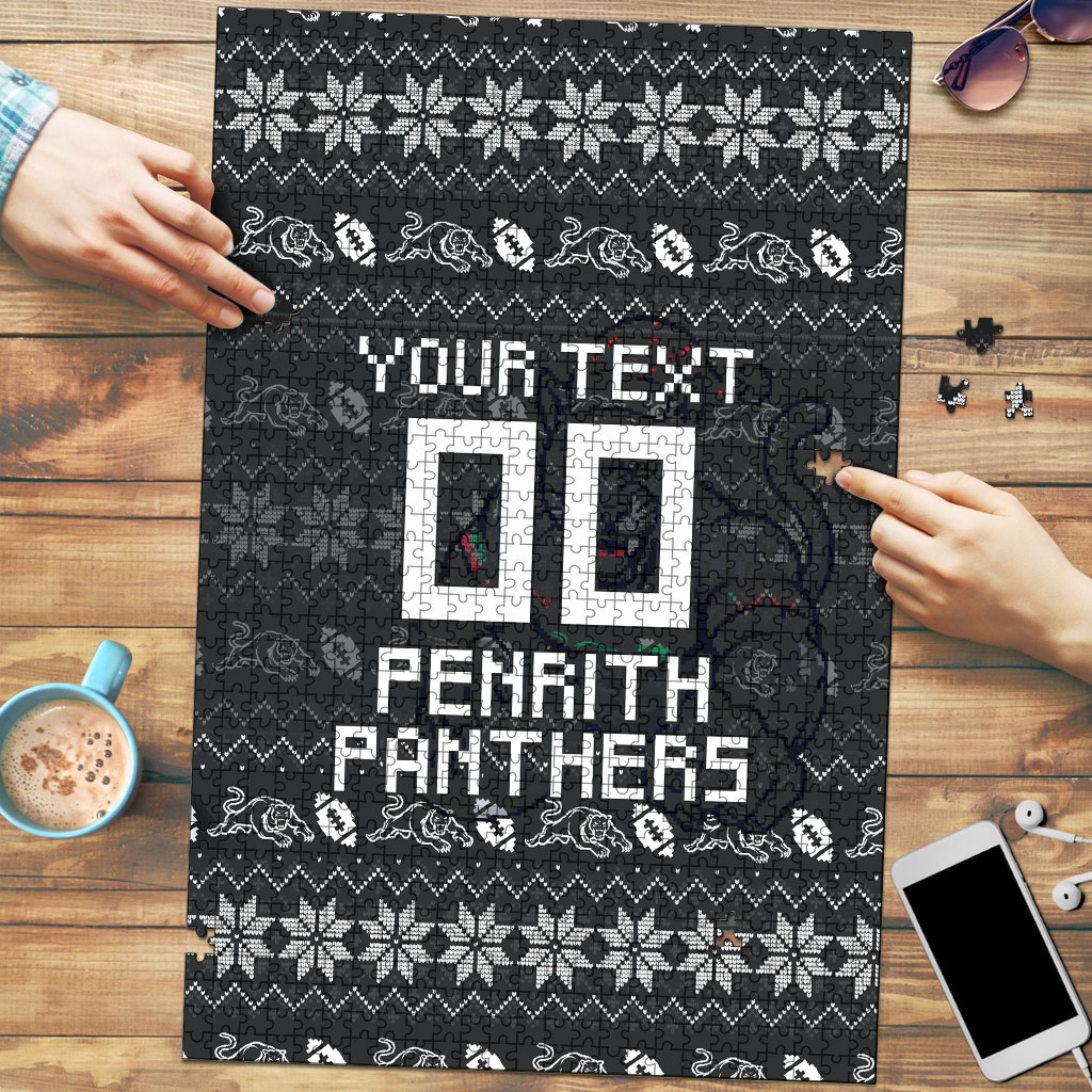 Personalized Penrith Panthers Christmas Puzzle Australian Rugby Fans - Pixelated Ugly Xmas Pattern Mascot Santa
