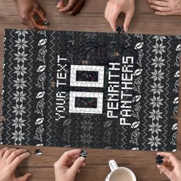 Personalized Penrith Panthers Christmas Puzzle Australian Rugby Fans - Pixelated Ugly Xmas Pattern Mascot Santa