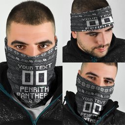 Personalized Penrith Panthers Christmas Neck Gaiter Australian Rugby Fans - Pixelated Ugly Xmas Pattern Mascot Santa