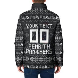 Personalized Penrith Panthers Christmas Padded Jacket Australian Rugby Fans - Pixelated Ugly Xmas Pattern Mascot Santa