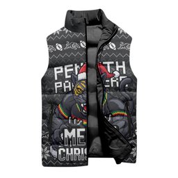 Personalized Penrith Panthers Christmas Sleeveless Puffer Jacket Australian Rugby Fans - Pixelated Ugly Xmas Pattern Mascot Santa