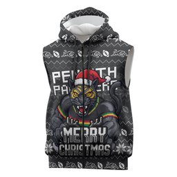 Personalized Penrith Panthers Christmas Sleeveless Zip Hoodie Australian Rugby Fans - Pixelated Ugly Xmas Pattern Mascot Santa