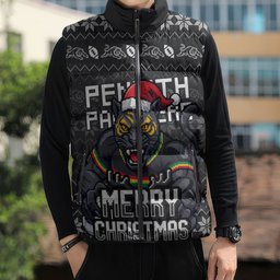 Personalized Penrith Panthers Christmas Sleeveless Puffer Jacket Australian Rugby Fans - Pixelated Ugly Xmas Pattern Mascot Santa