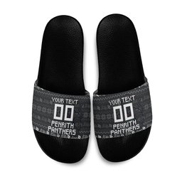 Personalized Penrith Panthers Christmas Slide Sandals Australian Rugby Fans - Pixelated Ugly Xmas Pattern Mascot Santa