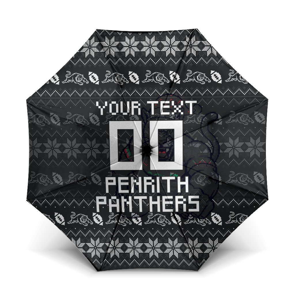Personalized Penrith Panthers Christmas Umbrella Australian Rugby Fans - Pixelated Ugly Xmas Pattern Mascot Santa