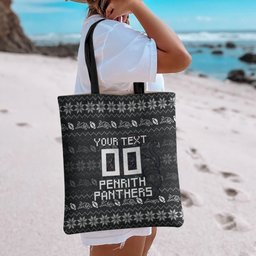 Personalized Penrith Panthers Christmas Tote Bag Australian Rugby Fans - Pixelated Ugly Xmas Pattern Mascot Santa