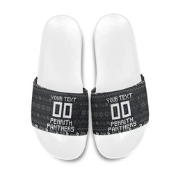 Personalized Penrith Panthers Christmas Slide Sandals Australian Rugby Fans - Pixelated Ugly Xmas Pattern Mascot Santa
