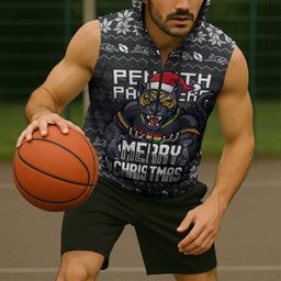Personalized Penrith Panthers Christmas Sleeveless Zip Hoodie Australian Rugby Fans - Pixelated Ugly Xmas Pattern Mascot Santa