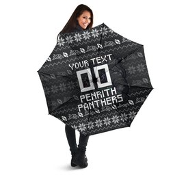 Personalized Penrith Panthers Christmas Umbrella Australian Rugby Fans - Pixelated Ugly Xmas Pattern Mascot Santa