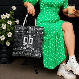 Personalized Penrith Panthers Christmas Tote Bag Australian Rugby Fans - Pixelated Ugly Xmas Pattern Mascot Santa