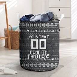 Personalized Penrith Panthers Christmas Laundry Basket Australian Rugby Fans - Pixelated Ugly Xmas Pattern Mascot Santa