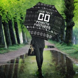 Personalized Penrith Panthers Christmas Umbrella Australian Rugby Fans - Pixelated Ugly Xmas Pattern Mascot Santa