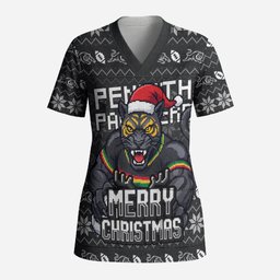 Personalized Penrith Panthers Christmas Scrub Top Australian Rugby Fans - Pixelated Ugly Xmas Pattern Mascot Santa
