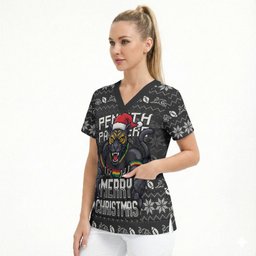 Personalized Penrith Panthers Christmas Scrub Top Australian Rugby Fans - Pixelated Ugly Xmas Pattern Mascot Santa