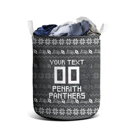 Personalized Penrith Panthers Christmas Laundry Basket Australian Rugby Fans - Pixelated Ugly Xmas Pattern Mascot Santa