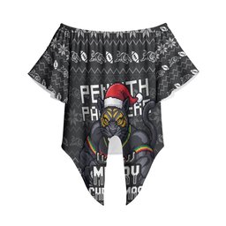 Personalized Penrith Panthers Christmas Off Shoulder Wrap Waist Top Australian Rugby Fans - Pixelated Ugly Xmas Pattern Mascot Santa