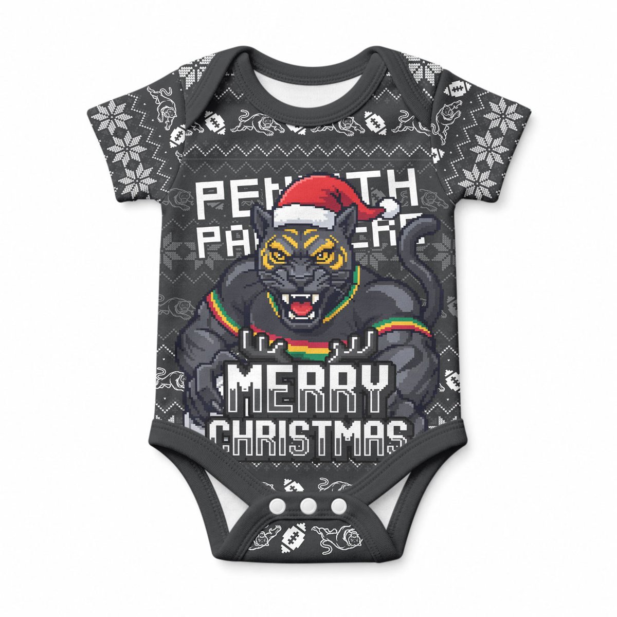 Personalized Penrith Panthers Christmas Baby Onesie Australian Rugby Fans - Pixelated Ugly Xmas Pattern Mascot Santa