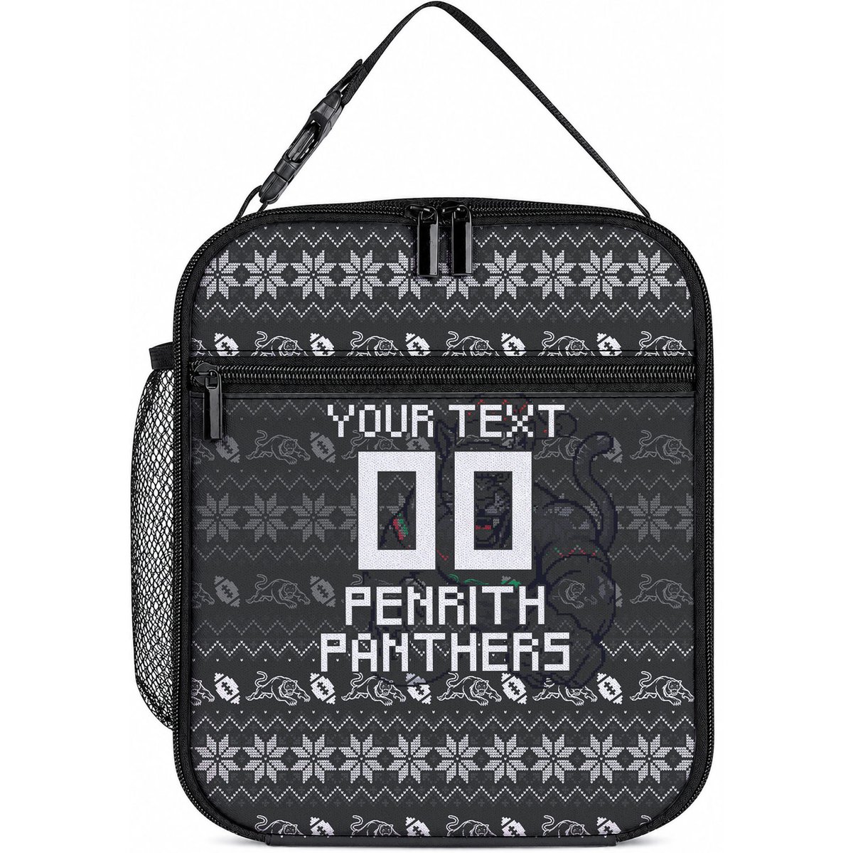 Personalized Penrith Panthers Christmas Lunch Bag Australian Rugby Fans - Pixelated Ugly Xmas Pattern Mascot Santa
