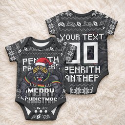 Personalized Penrith Panthers Christmas Baby Onesie Australian Rugby Fans - Pixelated Ugly Xmas Pattern Mascot Santa