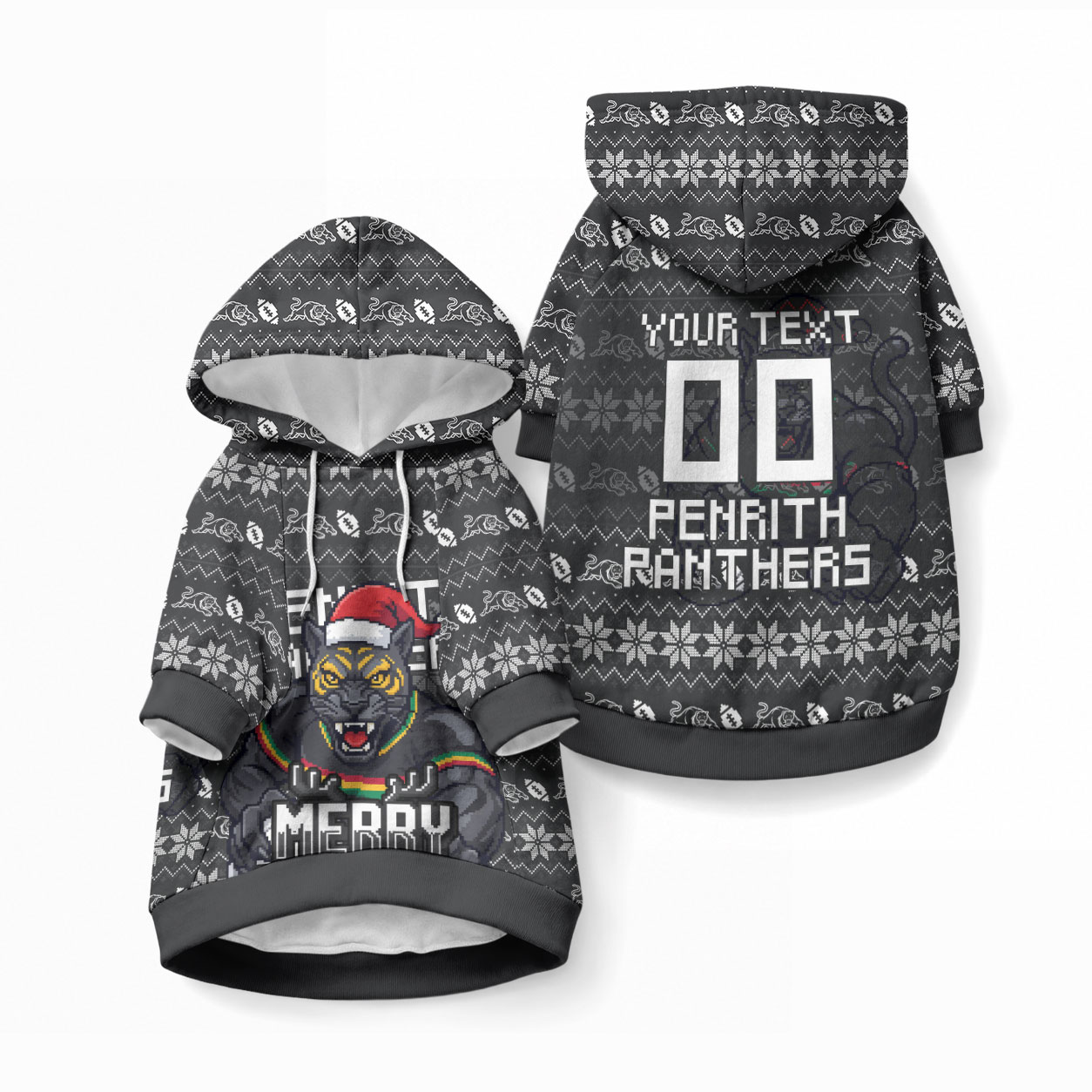 Personalized Penrith Panthers Christmas Pet Hoodie Australian Rugby Fans - Pixelated Ugly Xmas Pattern Mascot Santa