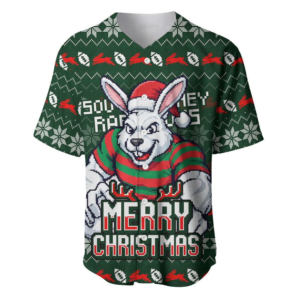 Personalized South Sydney Rabbitohs Christmas Baseball Jersey Australian Rugby Fans - Pixelated Ugly Xmas Pattern Mascot Santa