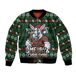 Personalized South Sydney Rabbitohs Christmas Bomber Jacket Australian Rugby Fans - Pixelated Ugly Xmas Pattern Mascot Santa