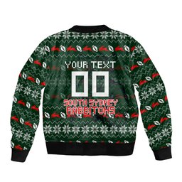 Personalized South Sydney Rabbitohs Christmas Bomber Jacket Australian Rugby Fans - Pixelated Ugly Xmas Pattern Mascot Santa