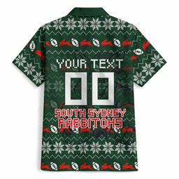 Personalized South Sydney Rabbitohs Christmas Hawaiian Shirt Australian Rugby Fans - Pixelated Ugly Xmas Pattern Mascot Santa