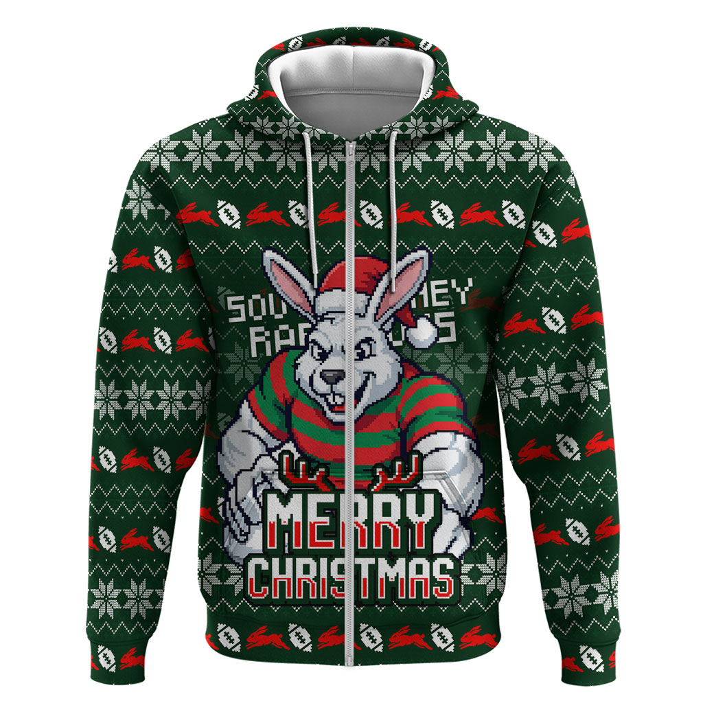 Personalized South Sydney Rabbitohs Christmas Zip Hoodie Australian Rugby Fans - Pixelated Ugly Xmas Pattern Mascot Santa
