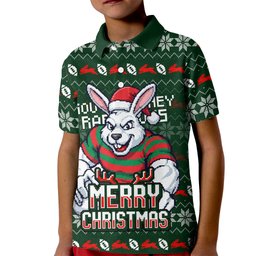 Personalized South Sydney Rabbitohs Christmas Kid Polo Shirt Australian Rugby Fans - Pixelated Ugly Xmas Pattern Mascot Santa