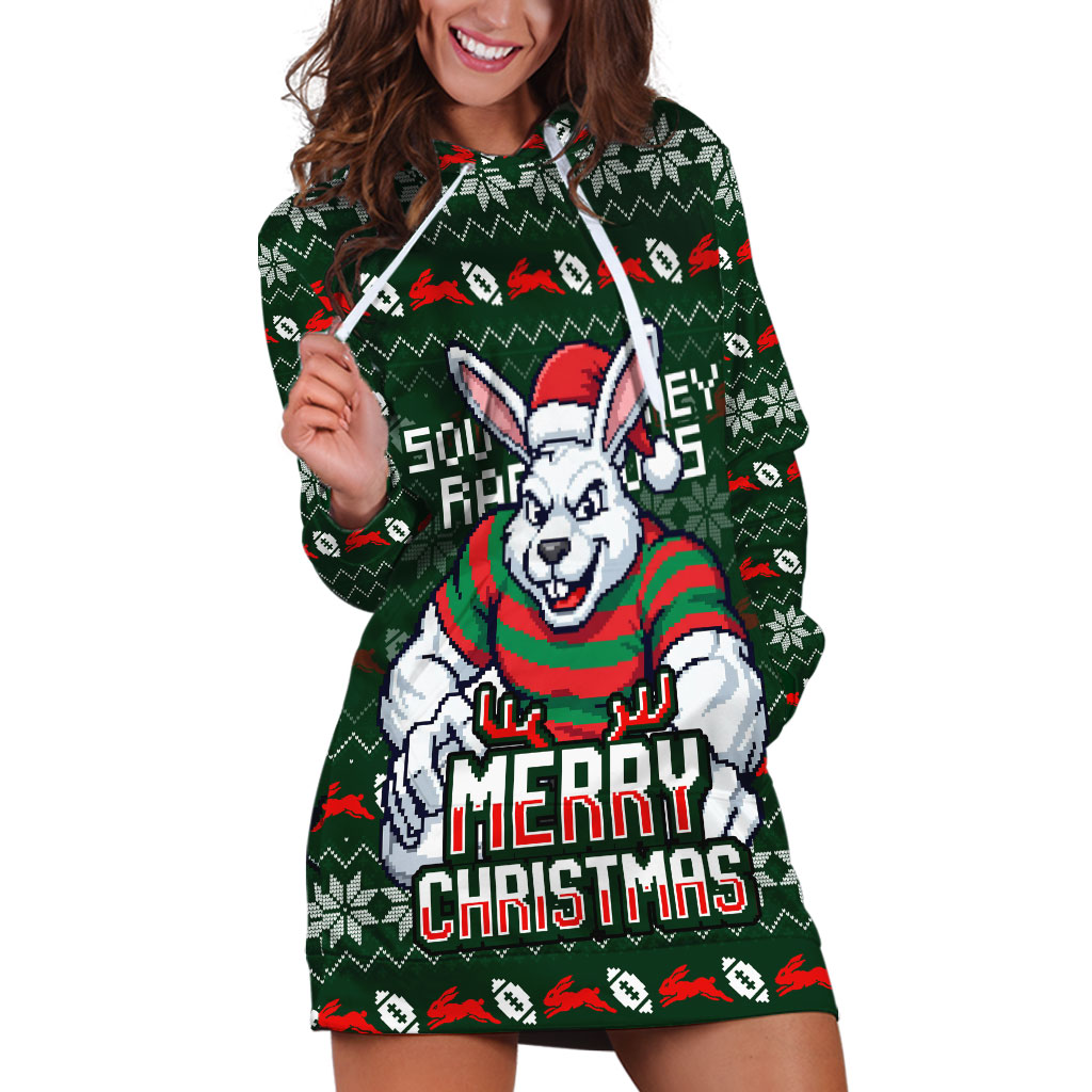 Personalized South Sydney Rabbitohs Christmas Hoodie Dress Australian Rugby Fans - Pixelated Ugly Xmas Pattern Mascot Santa