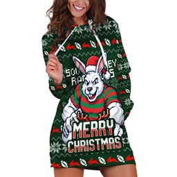 Personalized South Sydney Rabbitohs Christmas Hoodie Dress Australian Rugby Fans - Pixelated Ugly Xmas Pattern Mascot Santa