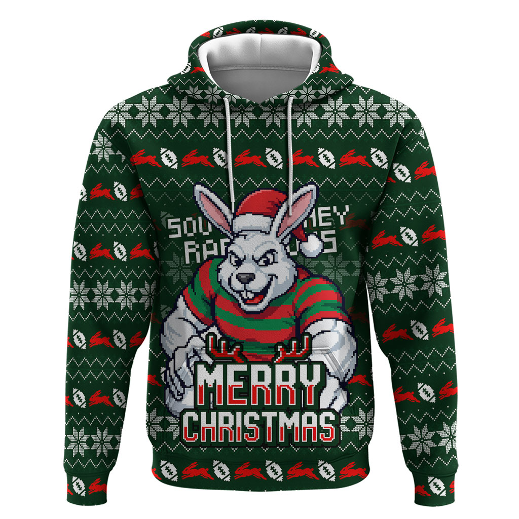 Personalized South Sydney Rabbitohs Christmas Hoodie Australian Rugby Fans - Pixelated Ugly Xmas Pattern Mascot Santa