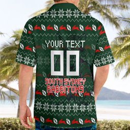 Personalized South Sydney Rabbitohs Christmas Hawaiian Shirt Australian Rugby Fans - Pixelated Ugly Xmas Pattern Mascot Santa