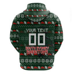 Personalized South Sydney Rabbitohs Christmas Hoodie Australian Rugby Fans - Pixelated Ugly Xmas Pattern Mascot Santa