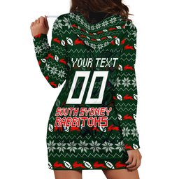 Personalized South Sydney Rabbitohs Christmas Hoodie Dress Australian Rugby Fans - Pixelated Ugly Xmas Pattern Mascot Santa
