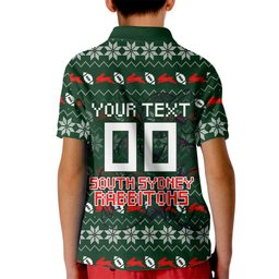 Personalized South Sydney Rabbitohs Christmas Kid Polo Shirt Australian Rugby Fans - Pixelated Ugly Xmas Pattern Mascot Santa