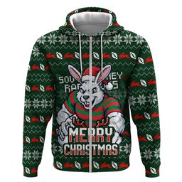 Personalized South Sydney Rabbitohs Christmas Hoodie Australian Rugby Fans - Pixelated Ugly Xmas Pattern Mascot Santa