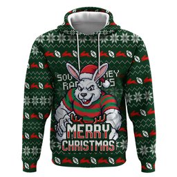 Personalized South Sydney Rabbitohs Christmas Zip Hoodie Australian Rugby Fans - Pixelated Ugly Xmas Pattern Mascot Santa