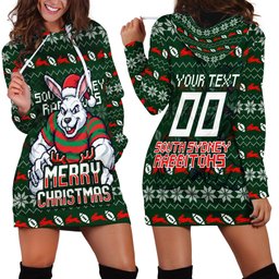 Personalized South Sydney Rabbitohs Christmas Hoodie Dress Australian Rugby Fans - Pixelated Ugly Xmas Pattern Mascot Santa