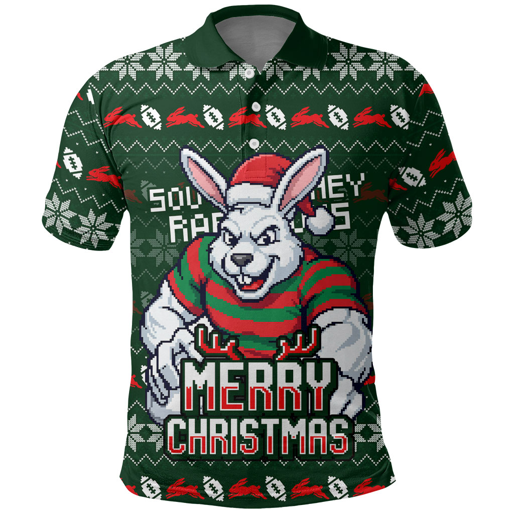 Personalized South Sydney Rabbitohs Christmas Polo Shirt Australian Rugby Fans - Pixelated Ugly Xmas Pattern Mascot Santa