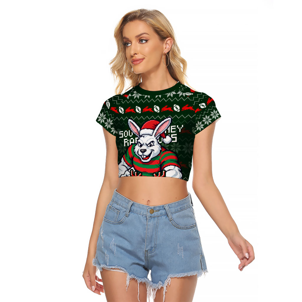 Personalized South Sydney Rabbitohs Christmas Raglan Cropped T Shirt Australian Rugby Fans - Pixelated Ugly Xmas Pattern Mascot Santa