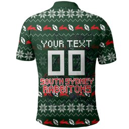 Personalized South Sydney Rabbitohs Christmas Polo Shirt Australian Rugby Fans - Pixelated Ugly Xmas Pattern Mascot Santa